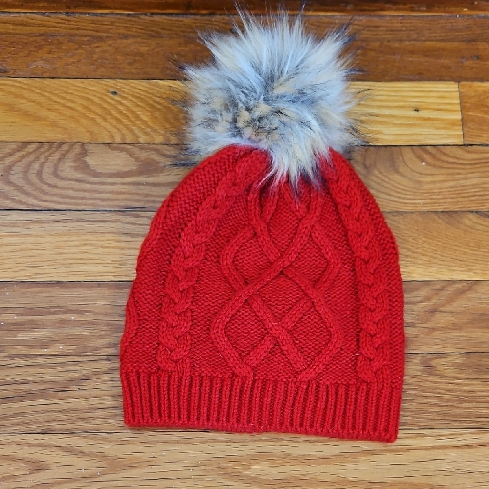 Cozy Red Knit Beanie with Faux Fur Pom